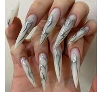Faux Ongles Long MouyouGlow,Stiletto Blanc Base Argent Feu de Wavy Gothic Press on Nails avec Colle à Ongles,Silver Fire Striped Halloween Fake Nails