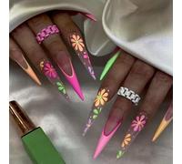 Faux Ongles Long MouyouGlow,Stiletto Colorée French Fleurs Floral Design Matte Press on Nails avec Colle à Ongles,Multiple Color Flowers Été INS Fake Nails