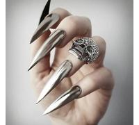 Faux Ongles Long MouyouGlow,Stiletto Halloween Argent Miroir Y2K Gothic Spice Girls Chrome Mirror Press on Nails avec Colle à Ongles,Silver Reflective Punk Metal Fake Nails