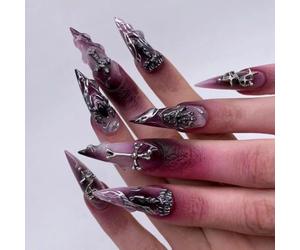 Faux Ongles Long MouyouGlow,Stiletto Halloween Violet Airbrushing Chrome Feu 3D Araignées Cross Stars Gothic Y2K Press on Nails avec Colle à Ongles,Horror Effrayant Creepy Spooky Fake Nails