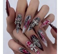 Faux Ongles Long MouyouGlow,Stiletto Halloween Y2K 3D Cross Le sang Noir Rouge Gothic Press on Nails avec Colle à Ongles,Vampire Black Red Fake Nails