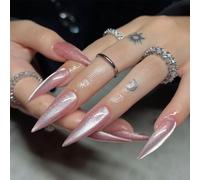 Faux Ongles Long MouyouGlow,Stiletto Nude Naturel Rose Pink Dégradé Blanc Diamant Paillettes Press on Nails avec Colle à Ongles,BabyBoomer Gradient White Fake Nails