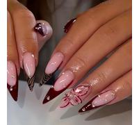 Faux ongles longs à presser Stiletto - Faux ongles artificiels bruns français avec design floral rose et léopard, faux ongles floraux 3D faits main pour femmes, lot de 24 pièces