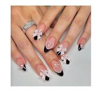 Faux Ongles Longs À Pression De Ballet, 24 Pièces, Sangle Croisée Noire, Style Français Avec Décor De Nœud Papillon, Faux Ongles Kit Manucure(Y6)