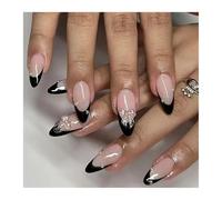 Faux Ongles Longs À Pression De Ballet, 24 Pièces, Sangle Croisée Noire, Style Français Avec Décor De Nœud Papillon, Faux Ongles Kit Manucure(Y7)
