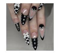 Faux Ongles Longs À Pression De Ballet, 24 Pièces, Sangle Croisée Noire, Style Français Avec Décor De Nœud Papillon, Faux Ongles Kit Manucure(Y4)