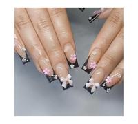 Faux Ongles Longs À Pression De Ballet, 24 Pièces, Sangle Croisée Noire, Style Français Avec Décor De Nœud Papillon, Faux Ongles Décorations Manucure(Y11)