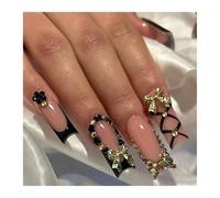 Faux Ongles Longs À Pression De Ballet, 24 Pièces, Sangle Croisée Noire, Style Français Avec Décor De Nœud Papillon, Faux Ongles Kit Manucure(Y15)