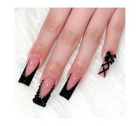 Faux Ongles Longs À Pression De Ballet, 24 Pièces, Sangle Croisée Noire, Style Français Avec Décor De Nœud Papillon, Faux Ongles Décorations Manucure(Y12)