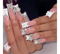 Faux ongles longs carrés en acrylique avec nœud - Faciles à appliquer - Pour femmes et étudiants à la mode - Décoration d'ongles