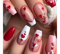 Faux-ongles longs en forme de cercueil, 24 pièces, pour la saint-valentin, avec motifs en forme de cœur, à pression, couverture complète