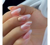 Faux ongles longs et élégants à presser avec paillettes dorées scintillantes et motif étoile - Rose naturel blanc ombré court en forme d'amande - Kit de faux ongles courts en forme d'amande sans