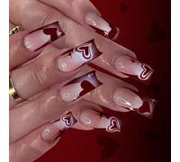 Faux ongles longs faciles à appliquer - Motif cœur - Pour la Saint-Valentin - Pour un usage quotidien - Occasions spéciales - Rouge vin français