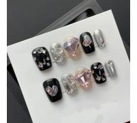 Faux ongles longs noirs faits à la main à presser courts et carrés solides Motif floral Noir Ultra court Taille L