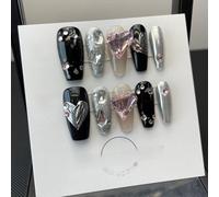 Faux ongles longs noirs faits à la main, à pression, courts, carrés, solides, pointes d'ongles, Design de fleurs douces, Art(Black long,XS)