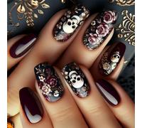 Faux ongles longue durée avec motifs de crâne gothiques, appuyez dessus pour un polyvalent, ABS, confortable, pour fête d ' halloween