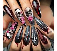 Faux Ongles Longue MouyouGlow,Ballerina Halloween Noir Scream Ghostface Rouge Blood Rose Skull Hand Totenkopf Horror Creepy Gothic Press on Nails avec Colle à Ongles,Black Fake Nails