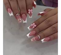 Faux Ongles Longue MouyouGlow,Ballerine Nude Rose Blanc French 3D Cross Noeud Papillon Bow Tie Cœur Love Y2K Coquette Press on Nails avec Colle à Ongles,Valentine Fake Nails