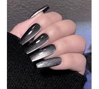 Faux Ongles Longue MouyouGlow,Ballerine Unicolore Noir Cat Eye Magnetic Halloween Œil de Chat Press on Nails avec Colle à Ongles,Black Phototherapy Fake Nails