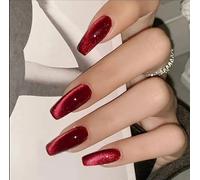 Faux Ongles Longue MouyouGlow,Ballerine Unicolore Rouge Cerise Cat Eye Magnetic Halloween Œil de Chat Press on Nails avec Colle à Ongles,Cherry Red Phototherapy Fake Nails