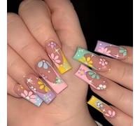 Faux Ongles Longue MouyouGlow,Carré Coloré French Fleurs Floral Étoile Design Press on Nails avec Colle à Ongles,Colourful Tips Multiple Color Flowers Été INS Fake Nails
