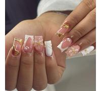 Faux Ongles Longue MouyouGlow,Carré Nude Blanc French 3D Ondulation de l'eau Fleurs Floral Or Striped Perle Press on Nails avec Colle à Ongles,White Tips Flowers Wavy Y2K Fake Nails