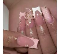 Faux Ongles Longue MouyouGlow,Carré Nude Rose French 3D Ondulation de l'eau Or Fleurs Floral Perle Press on Nails avec Colle à Ongles,White Tips Flowers Y2K Fake Nails