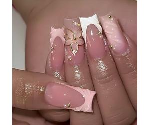 Faux Ongles Longue MouyouGlow,Carré Nude Rose French 3D Ondulation de l'eau Or Fleurs Floral Perle Press on Nails avec Colle à Ongles,White Tips Flowers Y2K Fake Nails
