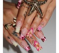 Faux Ongles Longue MouyouGlow,Carré Rose French 3D Fleurs Floral Étoile de Mer Shell Stripe Pearl Design Y2K Press on Nails avec Colle à Ongles,Farbverlauf Flowers Été INS Long Fake Nails