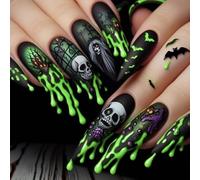 Faux Ongles Longue MouyouGlow,Stiletto Halloween Noir Scream Ghostface Vert Blood Skull Chauve-souris Crâne Horror Creepy Gothic Press on Nails avec Colle à Ongles,Black Artificial Fake Nails