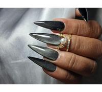 Faux Ongles Longue MouyouGlow,Stiletto Halloween Noir Unicolore Cat Eye Magnetic Paillettes Design Gothic Press on Nails,Black Phototherapy Plain Pure Colour INS Fake Nails pour Femme