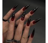 Faux Ongles Longue MouyouGlow,Stiletto Halloween Rouge Gradient Noir 3D Striped Design Horror Spooky Gothic Press on Nails avec Colle à Ongles,Red Ombre Black Twill Fake Nails