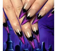 Faux Ongles Longue MouyouGlow,Stiletto Halloween Violet Paillettes French Noir Chauves-souris Horror Spooky Press on Nails avec Colle à Ongles,Purple Shimmer Tips Black Bat Fake Nails