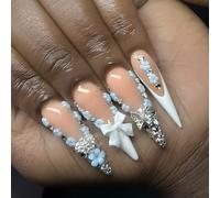 Faux Ongles Longue MouyouGlow,Stiletto Nude French 3D Crystal Fleur d'hibiscus Fairy Papillon Y2K Coquette Press on Nails avec Colle à Ongles,Flower Été Fake Nails