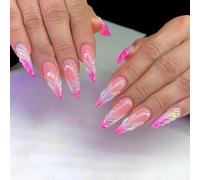 Faux Ongles Longue MouyouGlow,Stiletto Nude Gradient Rose French 3D Bubble Water Rib Y2K Paillettes Press on Nails avec Colle à Ongles,Natural Ombre Pink Fake Nails