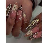 Faux Ongles Longue MouyouGlow,Stiletto Nude Noir Leopard French 3D Doré Wavy Gems Cross Charms Prele Press on Nails avec Colle à Ongles,Black Tips Strass Y2K Fake Nails