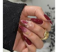 Faux ongles longue tenue couleur vin rouge vin sculpté motifs floraux occasions formelles prêts à l'emploi en forme d'amande ensemble de manucure en forme d'amande ongles à presser ongles à presser