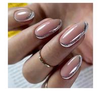 Faux Ongles Lot de 24 faux ongles courts et ronds, pailletés roses, forme amande, style French manucure, couverture complète, à coller(Color8)