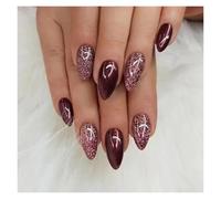 Faux Ongles Lot de 24 faux ongles simples rouge vin avec colle, mi-longs, forme amande, à presser, ronde, ovale, couverture complète(Color5)