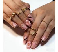 Faux Ongles Mi-Lang MouyouGlow,Carré Leopard Argent Rayures French 3D Fleurs Florales Design Press on Nails,Gold Or Beads Striped Pearl Flower Sweet Eté INS Fake Nails pour Femme