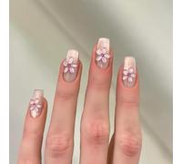 Faux Ongles Mi-longue MouyouGlow,Carré Nude Rose 3D Fleurs Floral Paillettes Y2K Press on Nails avec Colle à Ongles,Natural Pink Flowers Shimmer Fake Nails