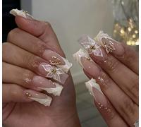 Faux Ongles Mi-longues MouyouGlow,Carré Blanc French 3D Fleurs Floral Papillon Striped Perle Or Gold Beads Design Press on Nails,White Tips Flowers Butterfly Wavy Été INS Fake Nails pour Femme