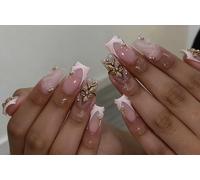 Faux Ongles Mi-longues MouyouGlow,Carré Rose French 3D Fleurs Floral Striped Pearl Or Gold Beads Design Press on Nails,Pink Tips Flowers Wavy Summer Été INS Fake Nails pour Femme