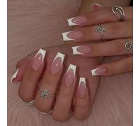 Faux Ongles Middle Langue MouyouGlow,Carré Blanc French Nude Rosa Design Short Press on Nails, White Tips Natural Sweet Eté INS Acryl Fake Nails pour Femme