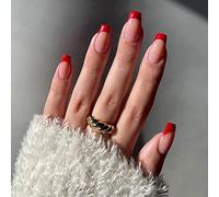 Faux Ongles Moyen Cercueil 24 Pièces Français Ongles à Presser Ballerine Bord Rouge Acrylique Capsules Ongles à Coller Réutilisable Couverture Complète Faux Ongle pour Femmes et Filles