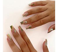 Faux Ongles Moyen Cercueil 24 Pièces Français Ongles à Presser Ballerine Ligne d'or Acrylique Capsules Ongles à Coller Réutilisable Couverture Complète Faux Ongle pour Femmes et Filles