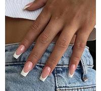 Faux Ongles Moyen Cercueil 24 Pièces Français Ongles à Presser Ballerine Nude Blanc Acrylique Capsules Ongles à Coller Réutilisable Couverture Complète Faux Ongle pour Femmes et Filles