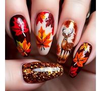 Faux ongles moyens carrés à coller ongles artificiels marron ambrés autocollants pour ongles faux ongles en forme de feuille d'érable holographiques anti-cassure