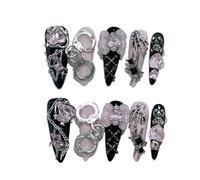 Faux Ongles Noir rouge longue pointe presse à la main sur les ongles croix araignée amour diamant faux arc Cool foncé Nail Art(Color-2-XS)