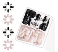 Faux ongles noirs et blancs à coller pour fêtes de Noël et événements saisonniers faciles à appliquer